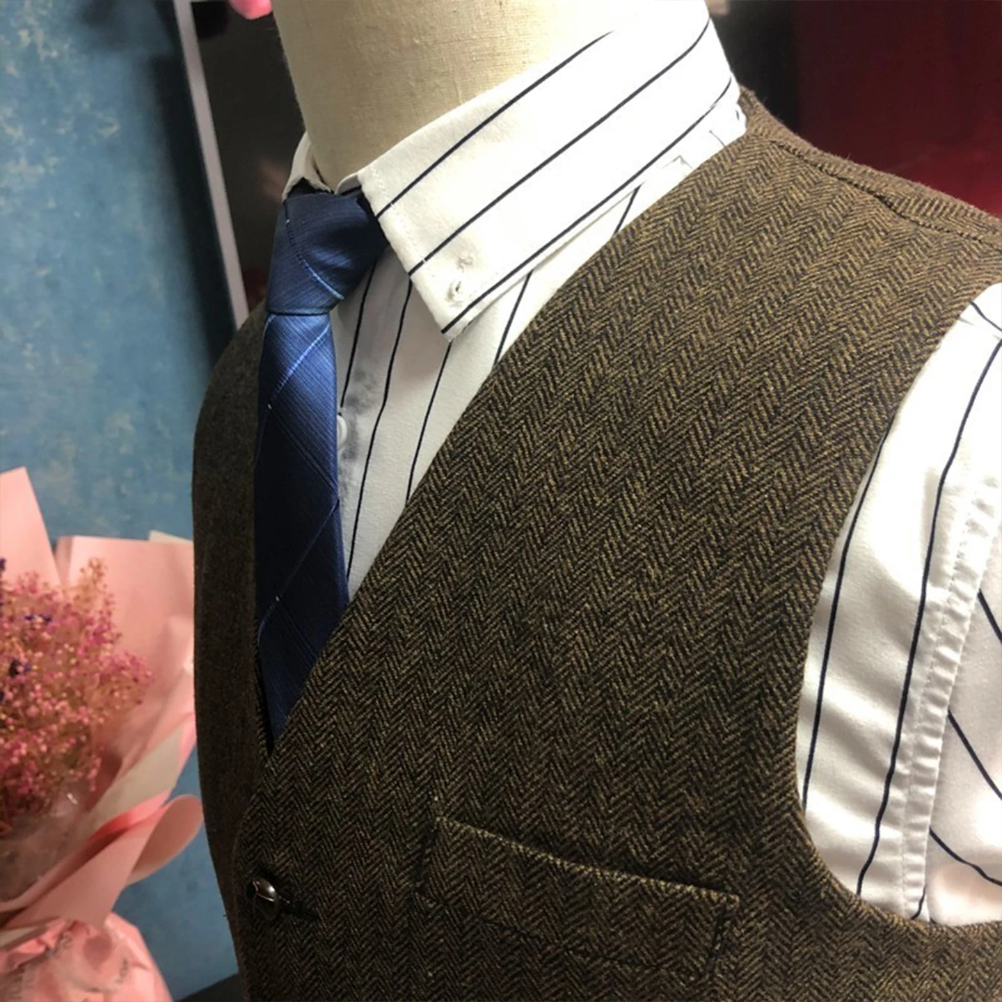 Rompi Wol Herringbone Hangat Retro Gaya Amerika Rompi Setelan Slim-Fit Pria Ukuran Besar