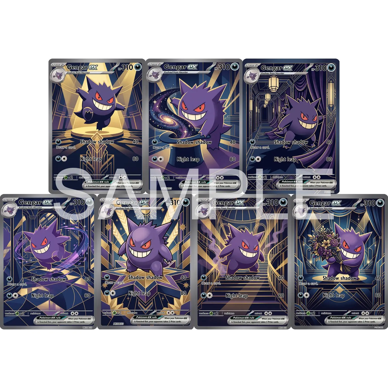 7Pcs PKM Cards PTCG Art Deco Style Gengar Night Theater Seven Unique Scenes Character Art Collection Display Set Cards PTCG