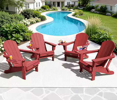 Folding Adirondack Chair Set 4 Wood Texture Weather Resistant Cup Holder Patio Deck Garden Backyard Customized