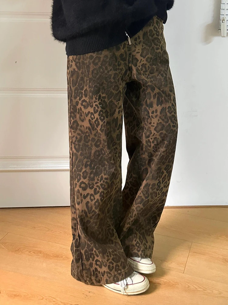 American Retro Leopard Print Men's Jeans High Street Vibe Straight Leg Loose Wide Leg Pants Autumn Fashion Trendy Brand
