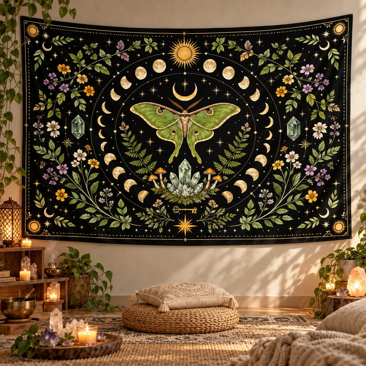 Bohemian Moth Celestial Tapestry, Horizontal Wall Hanging Fabric Art, Nature Pattern Wall Decor for Bedroom Living Room