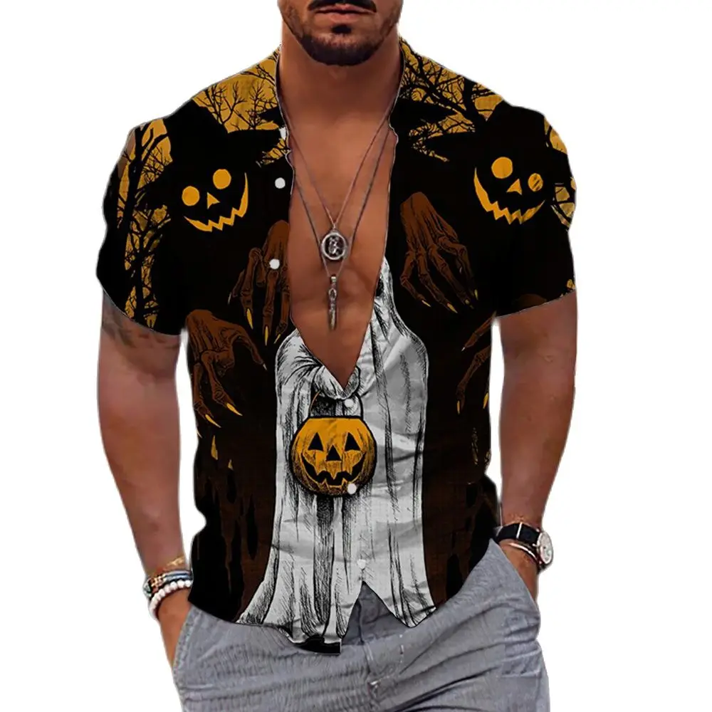 

Halloween Hawaiian Shirt for Men Devil Pumpkin Lantern Print Casual Shirt Summer Lapel Short Sleeve Oversized Men's Clothing