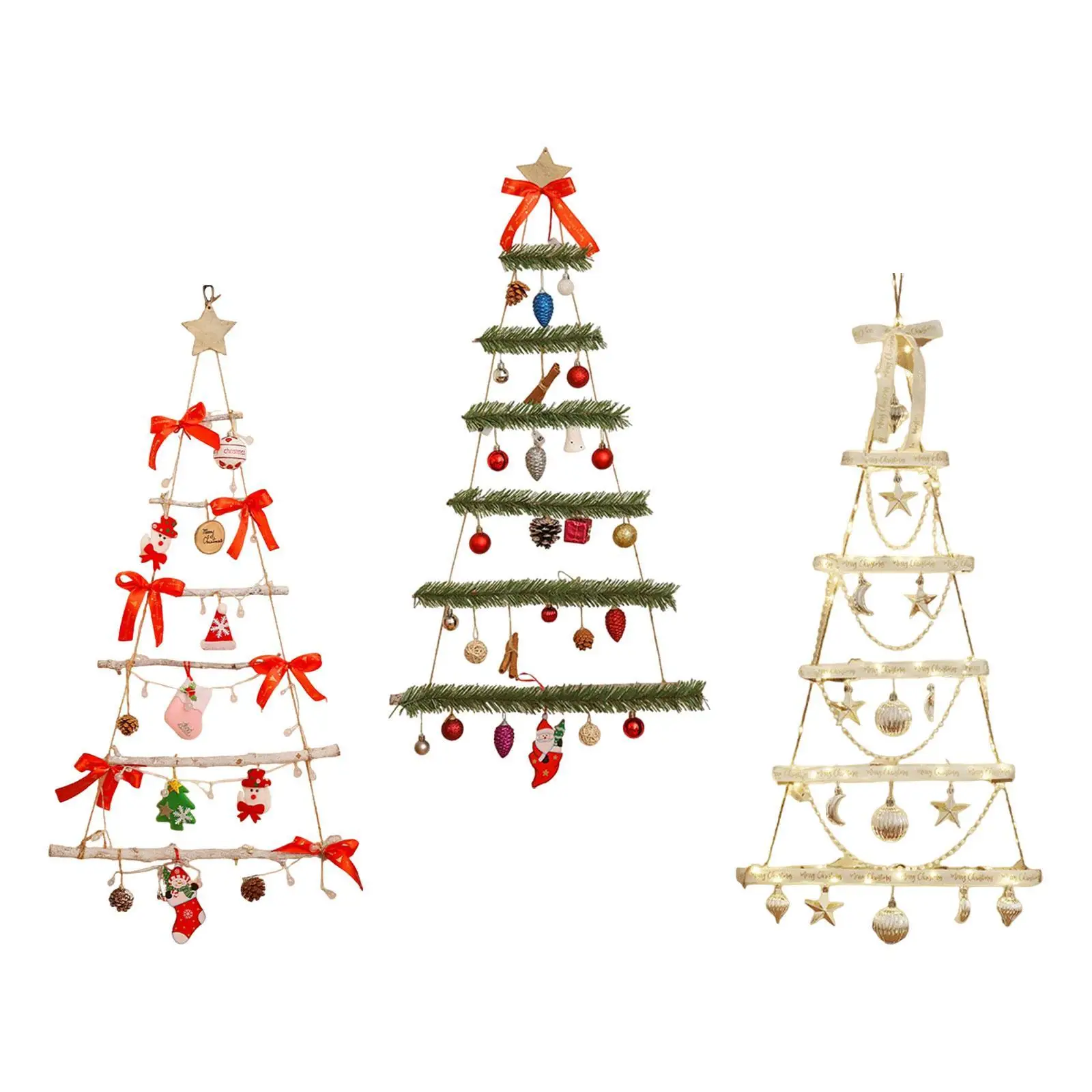 Wall Hanging Christmas Tree with Star Topper with Lights Wood Decorating Ladder for Festival Indoor Holiday Outside Home