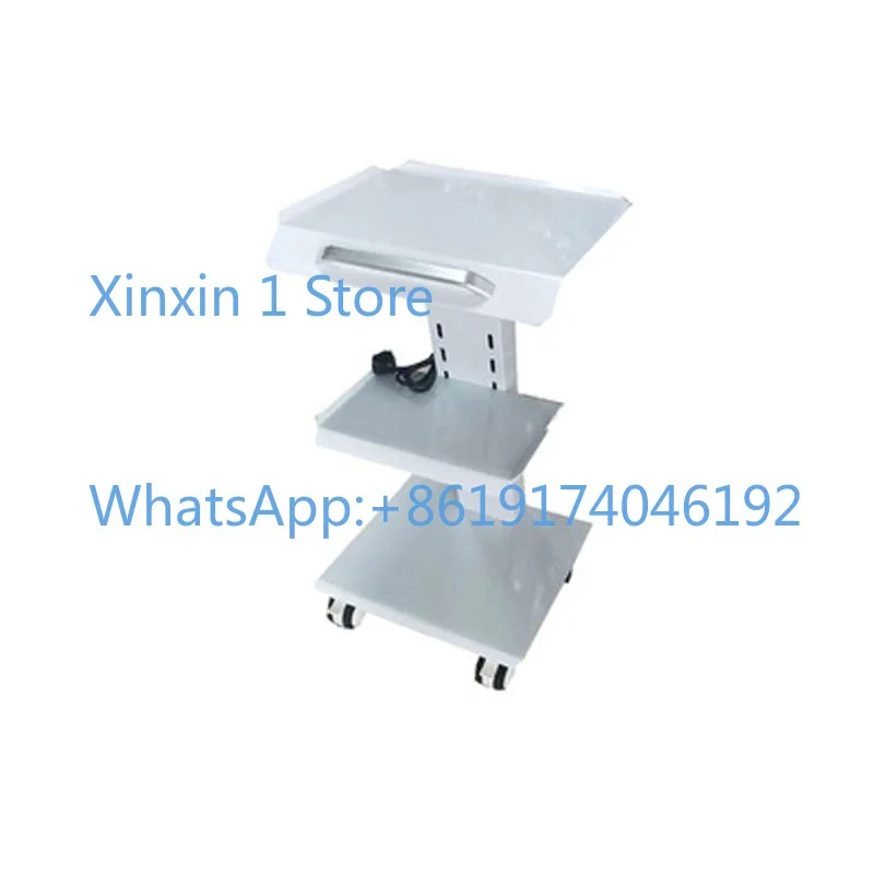 

A three-tier metal mobile medical tool cart with built-in sockets.