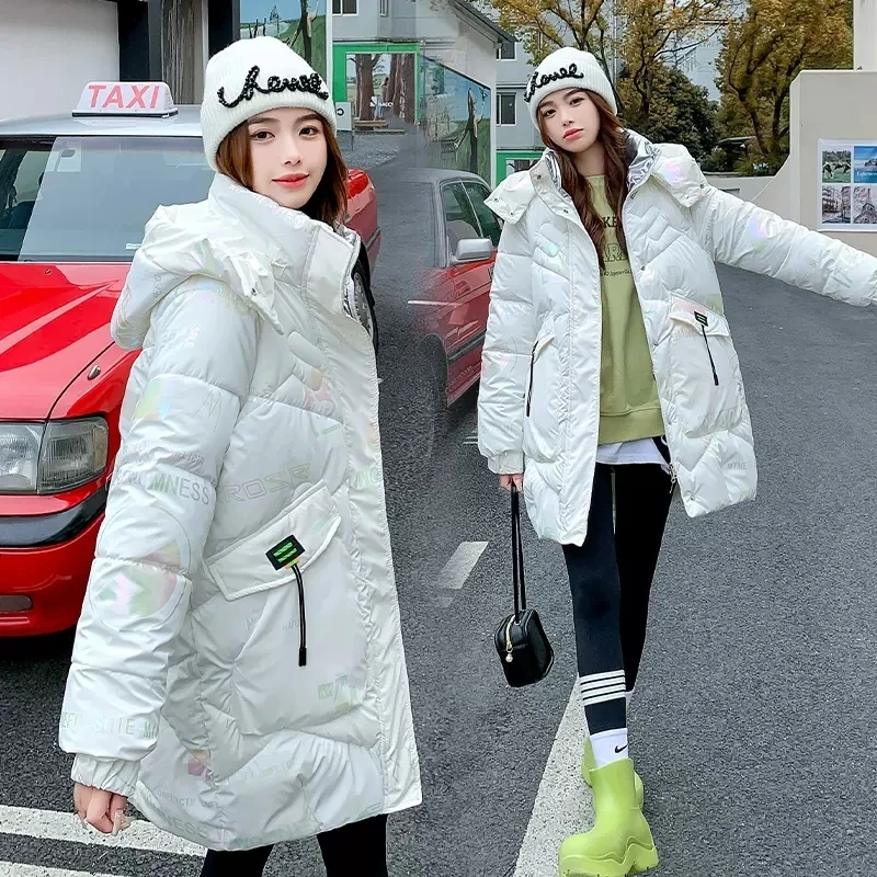 Shiny Down Padded Jacket Women\'s Mid-length 2023 New Winter Loose Printing Fashionable Women\'s parkas