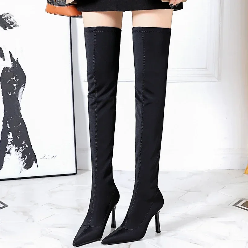 BIGTREE Shoes Women Slim Fitting Knee Length Boots Winter Shoes Sexy Long Boots High Heels Stilettos Silks Satins Elastic Boots