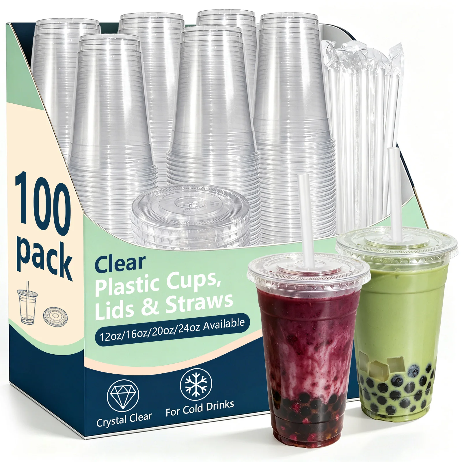 100 Sets of Disposable PET Clear Plastic Cups with Straws - 4 Sizes Available: 12 oz, 16 oz, 20 oz, 24 oz. Perfect for American Parties, Festivals, Family Gatherings, and Office Use as Disposable Iced Coffee Cups.
