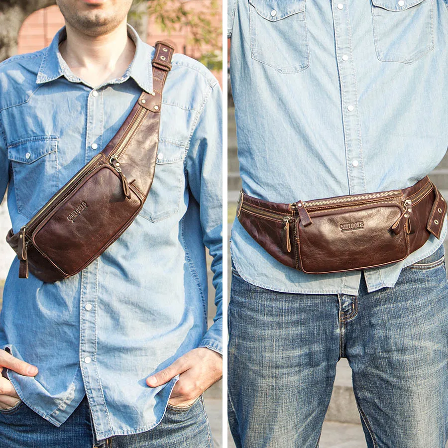 2024 Real Cow Leather Men Waist Bag New Casual Small Fanny Pack Male Waist Pack For Cell Phone And Credit Cards Travel Chest Bag