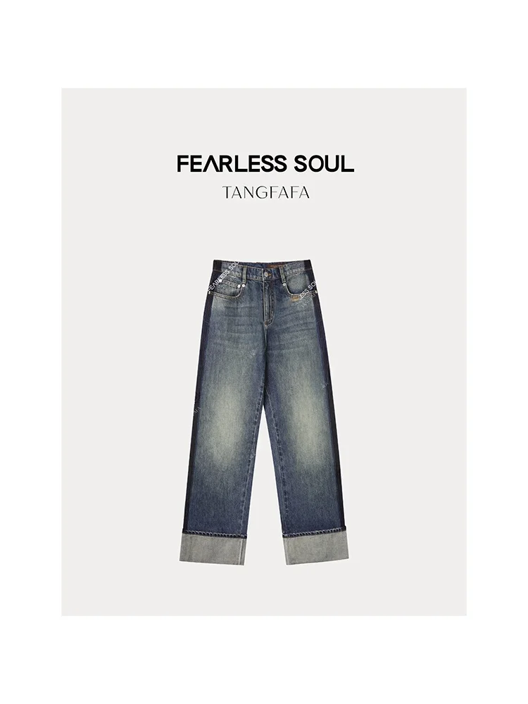 

Широкие прямые джинсы Tfa82442 для женщин, темно-синие, с отворотами, из неэластичной ткани, с высокой талией