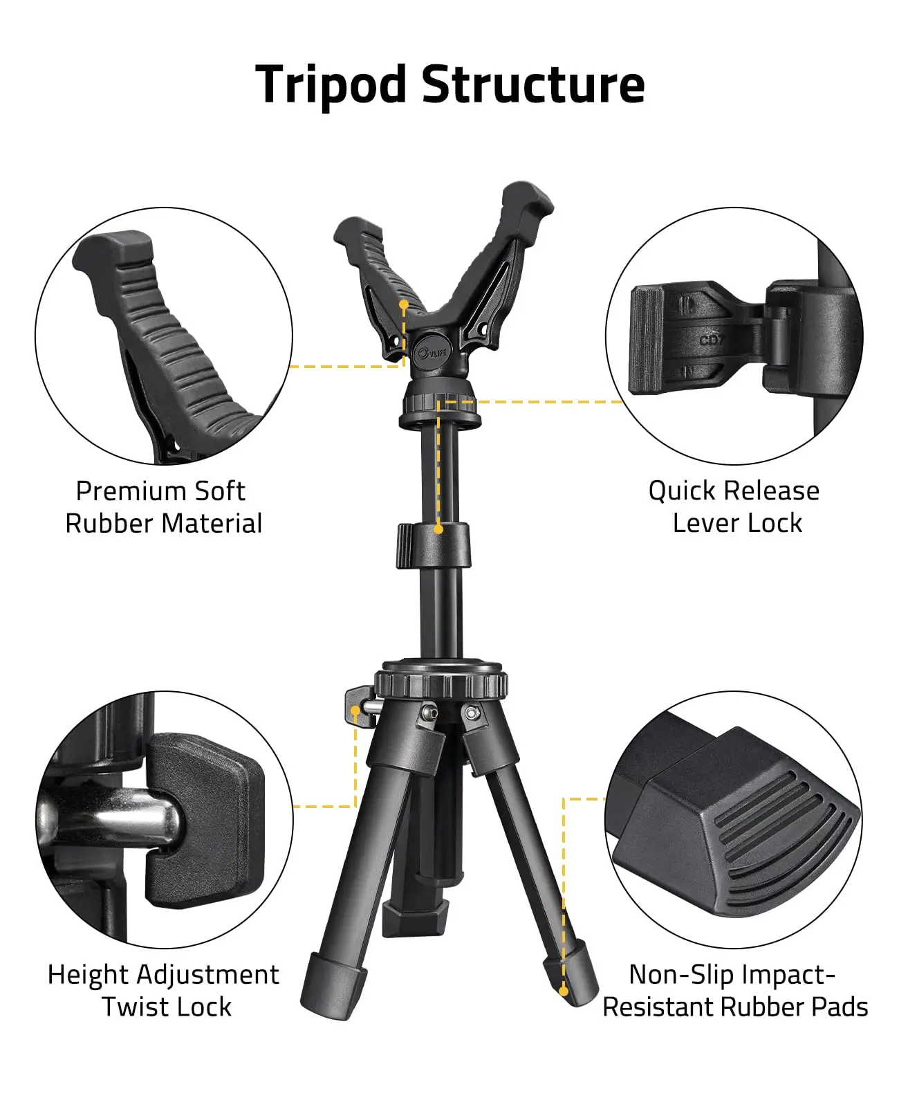 Caça portátil tripé com ajuste de altura, tiro descansa com 360 graus girar a cabeça, V garfo, ao ar livre, resto, 7,9 "-15"