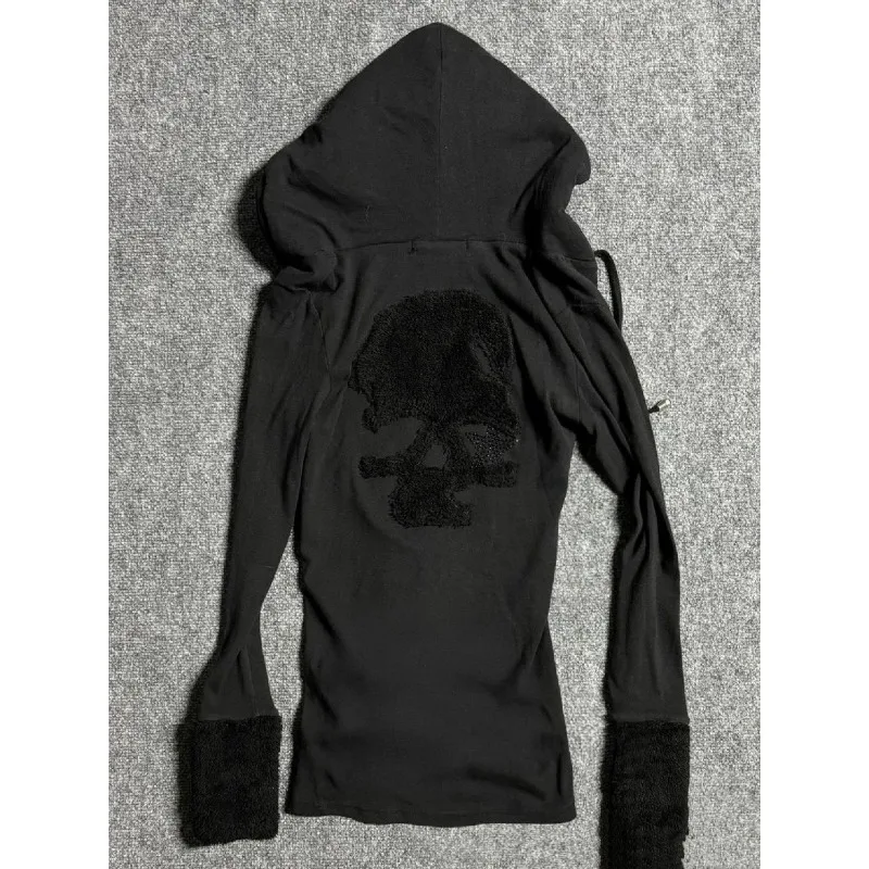 Deeptown Y2k Black Vintage Printed Hoodies Women V Neck Long Sleeve American Fashion Hooded Sweatshirt Streetwear Hip Hop Spring