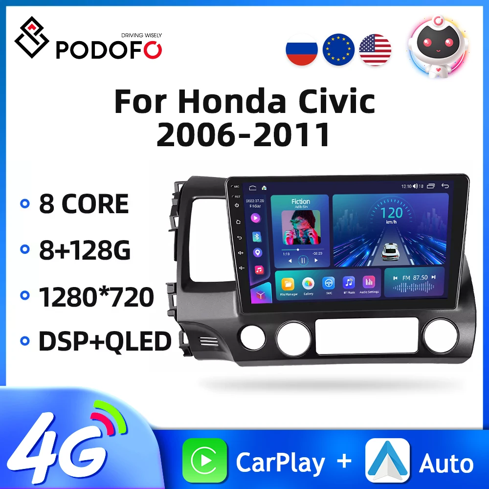 

Podofo 2din Auto Radio Carplay For Honda Civic 2006-2011 Android10 Car Multimedia Player GPS Navigation AI Voice 4G WIFI 8Core