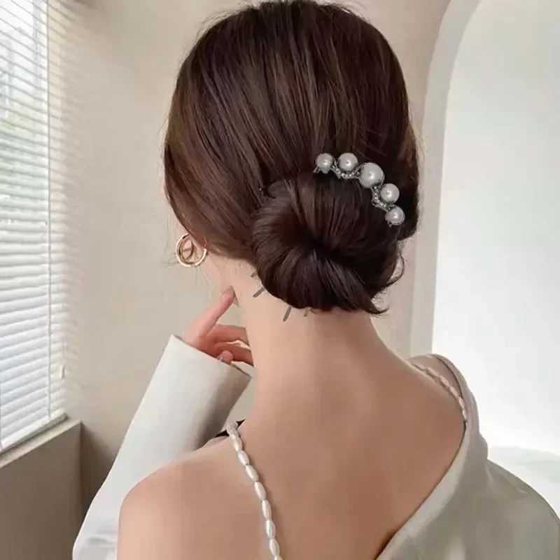 Pearl U-shaped Hairpin Gun Black Insert Comb Hairpin Ancient Style New Chinese Disc Headpiece