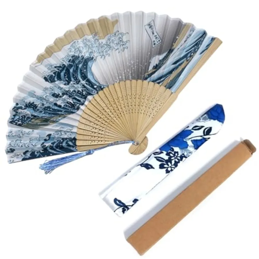Japanese Design Fan Hand Portable Bamboo Fans Frames for Dancing Silk Bamboo Cosplay Wedding Party Decoration Sea Waves Multico