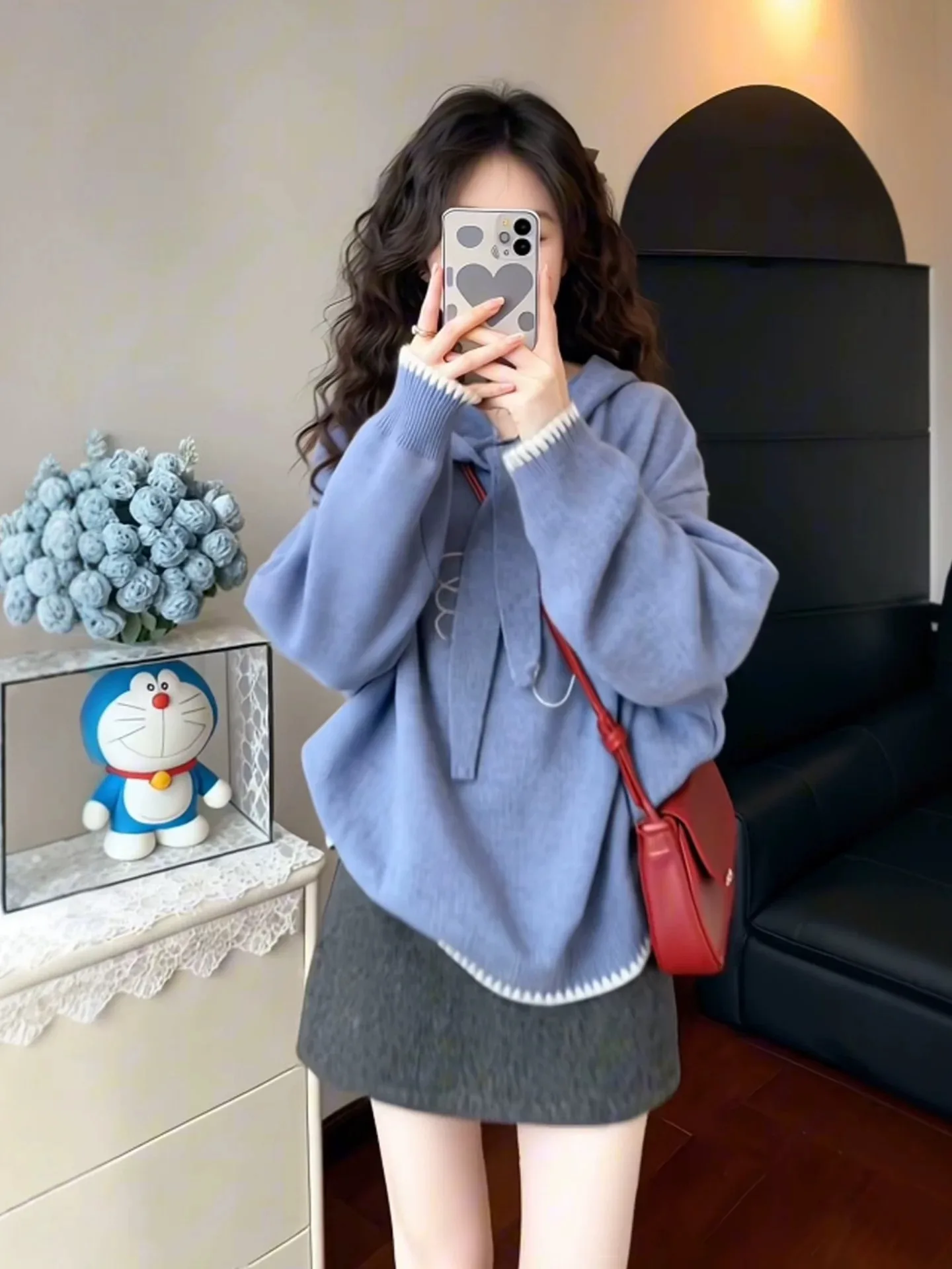 블루 후드 루즈 니트 스웨터 여성용 가을 겨울 패션 레이지 스타일 고급스러운 느낌 독특한 탑 카피품 아님