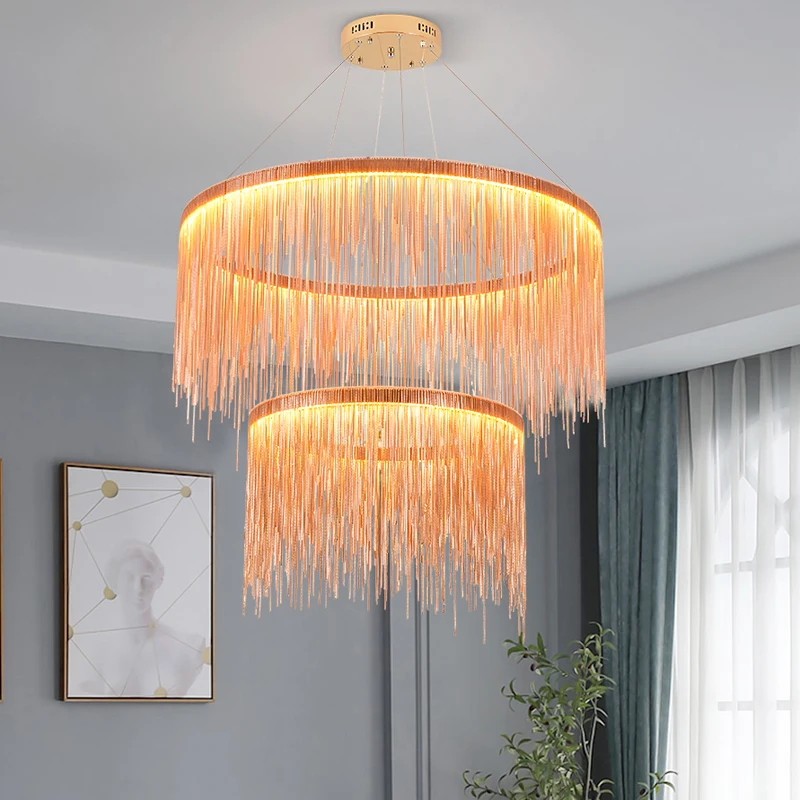 Modern LED Tassel Pendant Lights Aluminum Chain Chandeliers Hanging Lamps Home Living Room Kitchen Suspension Lustre with Remote