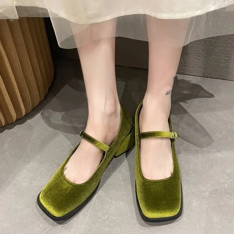 

Shoes For Women Mary Janes Golden Velvet New Square Toe College Style Casual Pumps Fashion Shallow Buckle Shoes High Heels Shoes
