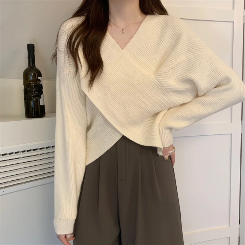 Japan Style Criss-Cross Female Pullovers Solid Loose Fit V-Neck Autumn Sweater Lazy Wind Casual Knitted Bottoming Tops