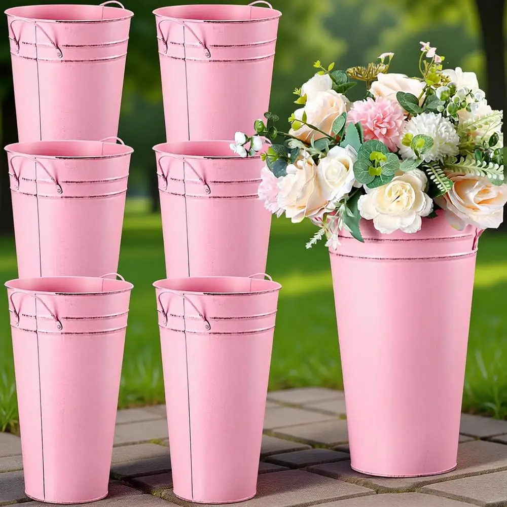 

Набор из 6 винтажных оцинкованных металлических кашпо-ведер 12 дюймов, розовые, для домашнего декора и свадеб