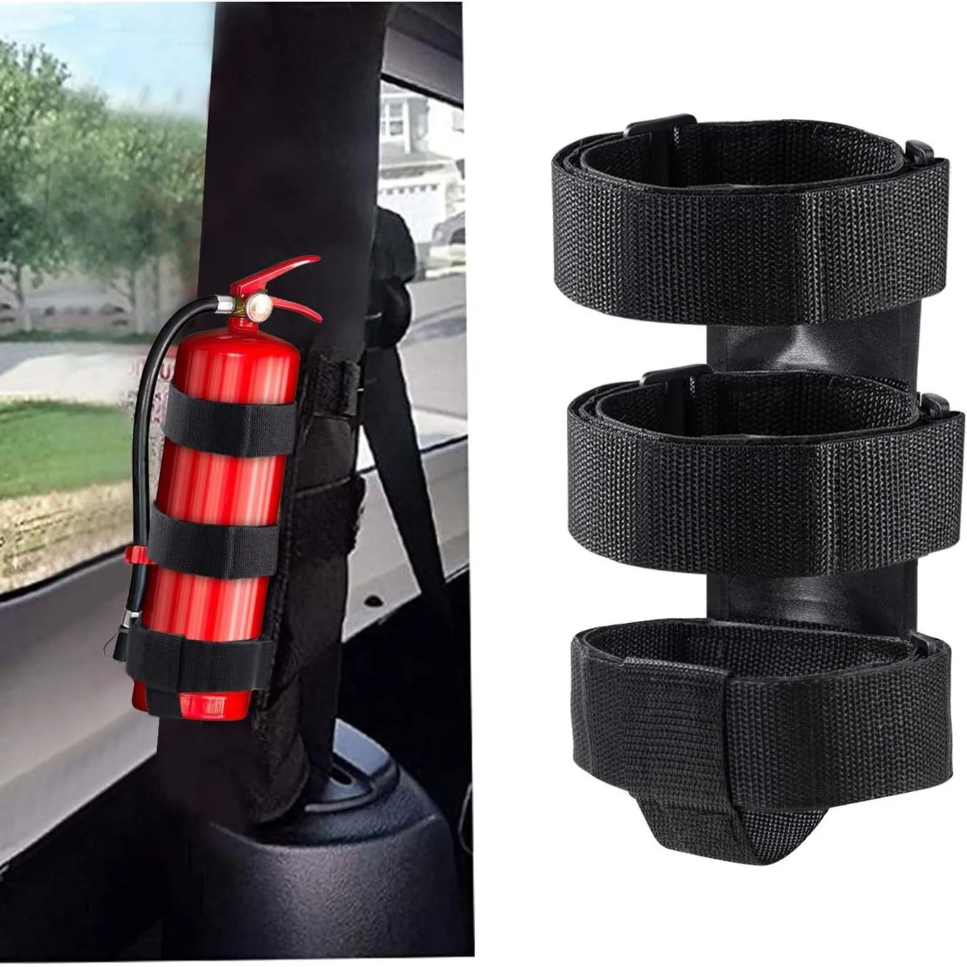 Fire Extinguisher Mount for Vehicle, Car, Boat, UTV, Adjustable Strap Fix, No-Drill, Roll Bar Mount, Fits 3 lb Extinguishers