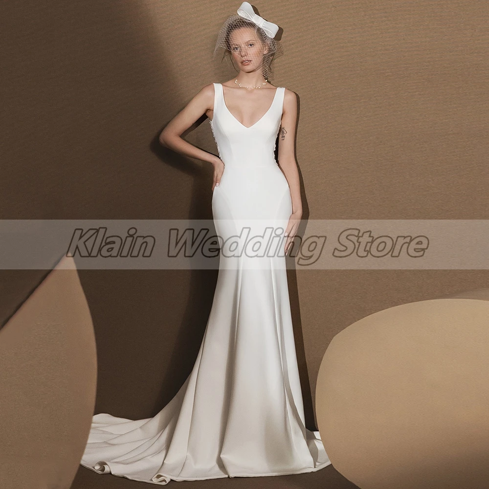 Customized Weilinsha Solid Color Mermaid Wedding Dress With Appliques Buttons Back Sweep Train V Neck Jersey Bridal Robe De Mar