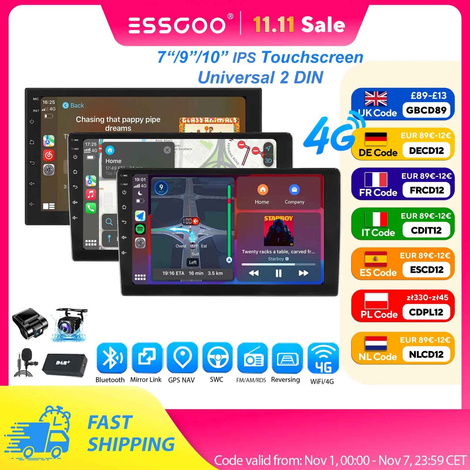 Autoradio ESSGOO 7"/9"/10" 2 DIN 8 Cœurs Android14 6+128 Go CarPlay Sans Fil Android Auto GPS Navigation Bluetooth AM FM RDS WiFi Écran Tactile QLED 4G LTE Mirror Link Commandes au Volant