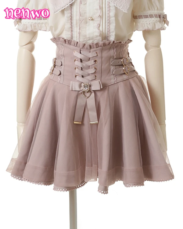 لوليتا تنورة فتاة على شكل قلب منقوشة حزام القوس الألغام سلسلة طبقة مزدوجة تنورة دانتيل المرأة الصيف الخريف جديد التنانير القصيرة Faldas #1