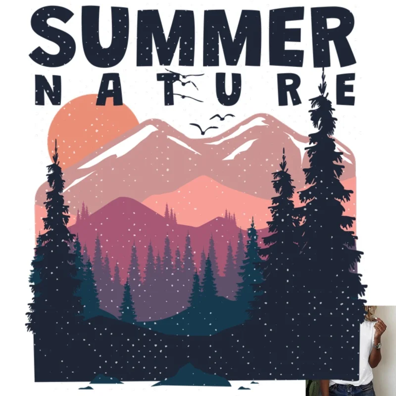 SUMMER NATURE Mountain Forest Landscape Heat Transfer White Ink Iron - on Patch, Suitable for T - shirts/Canvas Bags, Outdoor