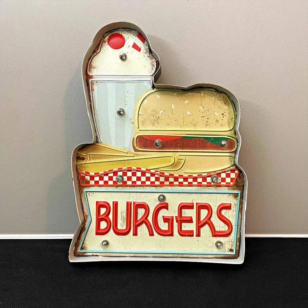 Vintage Burger Lighted Metal Sign, Vintage Metal Plate , Handmade Retro Luminous Sign, for Bar, Burger shop, Kitchens Wall Decor