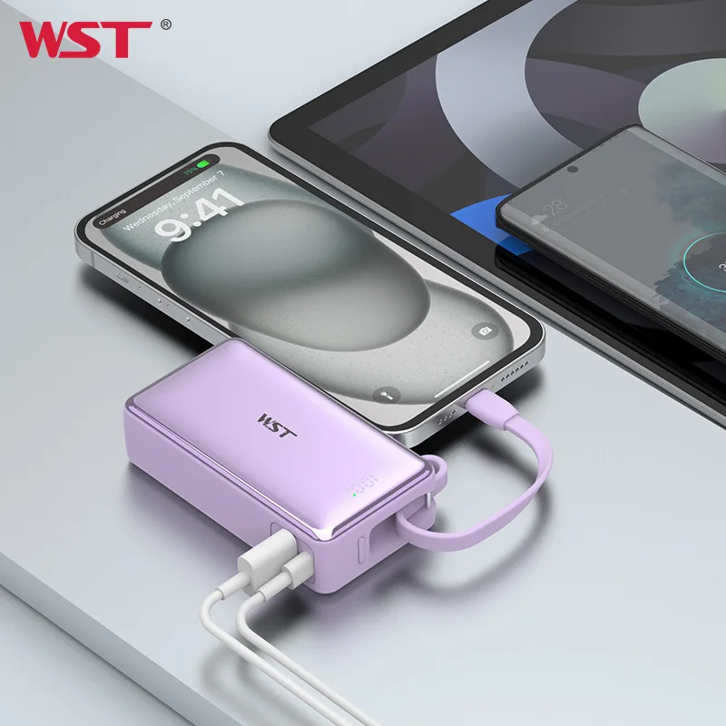 WST High Quality Power Banks LED Digital Display Fast Charging Mini Li-ion Battery 10000mah Built in Cable Power Bank