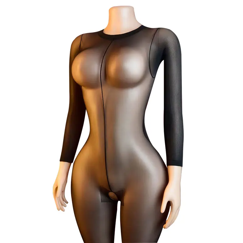 

Long Sleeved Round Neck Sexy Lingerie Bodysuit Women Open Crotch Bodystocking for Adult See Through Nightwear