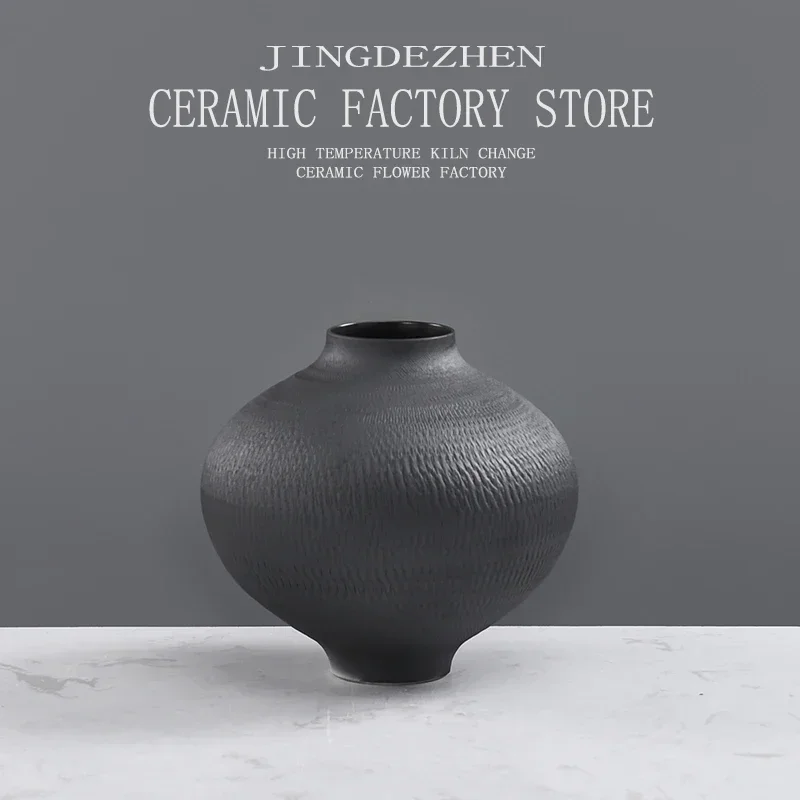 New Chinese Zen Black Crude Pottery Pot Decoration High-Grade Ceramic Vase