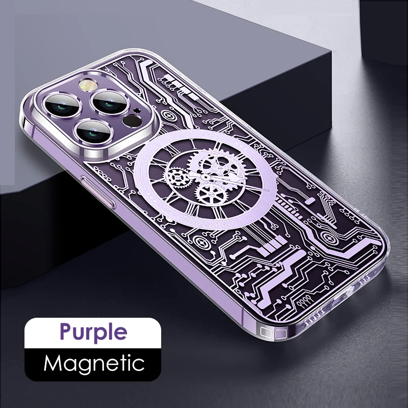 

Mechanical Texture Magnetic Phone Case For Iphone 14 13 12 Pro Max 14Plus Transparent Soft Cover For Magsafe Wireless Charging