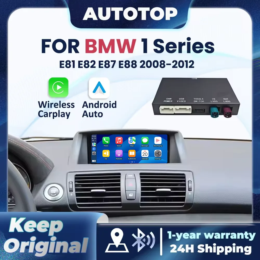 Décodeur sans fil CarPlay Android Auto pour BMW série 1 E81 E82 E87 E88 2008 2009 2010 2011 2012 CIC avec Bluetooth Mirror Link Airplay AUX Module de voiture