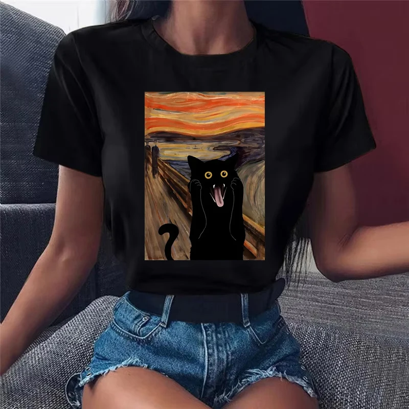 

Scared Cat Print Women's T-shirt Crew Neck Casual Short Sleeve T-shirt for Spring & Summer Y2k Tops Unisex Clothing Graphic Tee