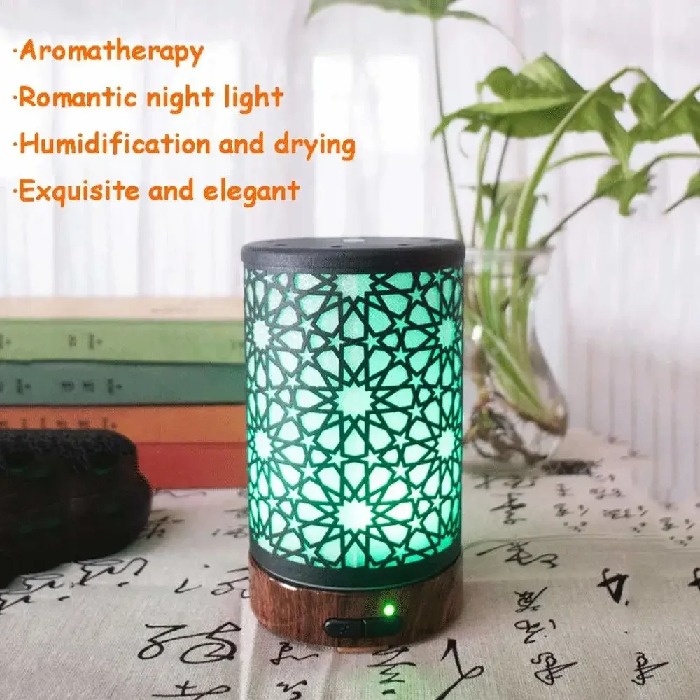 Air Humidifier Essential Oil Diffuser Desk Wrought Iron Hollow Color Gradient 7 LED Night Lamp Colors 100ML for Room Home