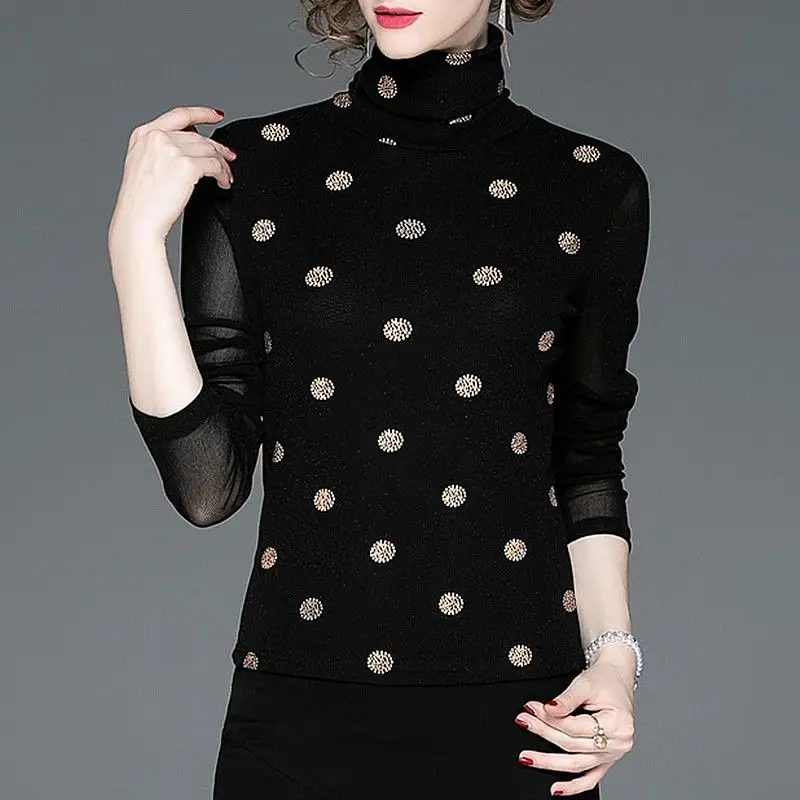 New Autumn and Winter Women\'s Solid Color Turtleneck Long Sleeve Lace Gauze Classic Pullovers Polka Dot Trendy Comfortable Tops