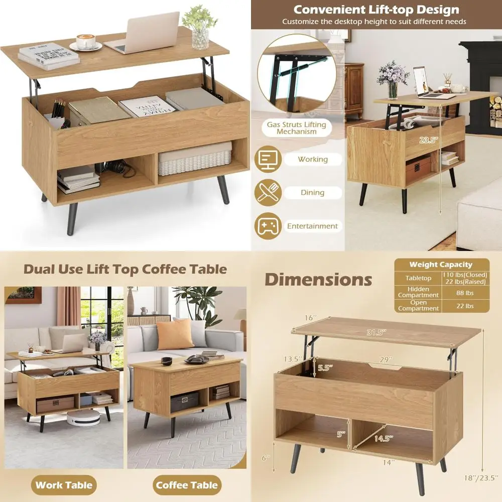 

Modern Lift Top Coffee Table with Hidden Storage and Two Open Shelves