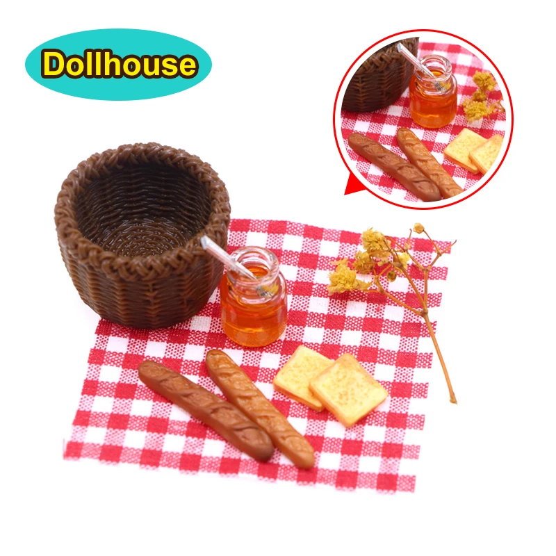 1/12 Dollhouse Simulation Bread Honey Picnic Basket Set Dollhouse Mini Food Decoration Dolls House Kitchen Accessories
