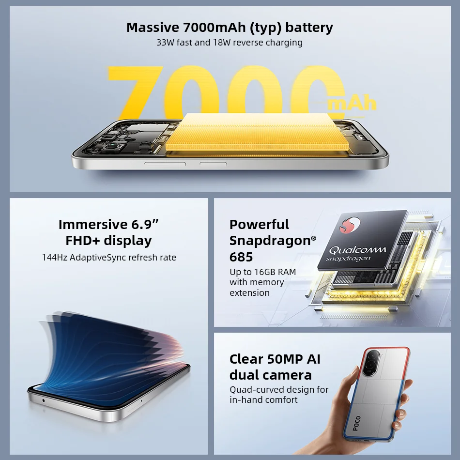 POCO M7 الإصدار العالمي Snapdragon 685 غامرة 6.9 بوصة FHD + عرض بطارية 7000 مللي أمبير في الساعة 33 وات شحن هاتف محمول NFC