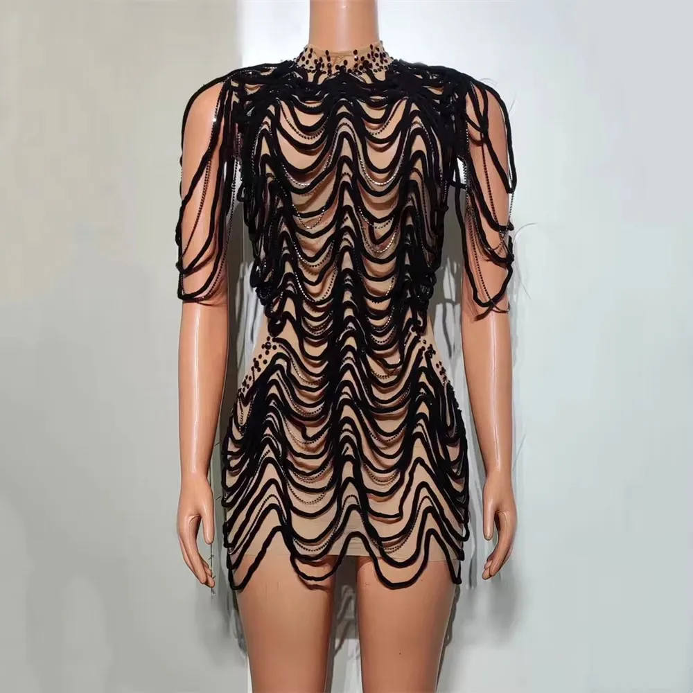Sexy Rhinestone Chains Short Dress Women Transparent Crystal Mesh Stage Performance Costume Bar Singer Nightclub Party Celebrate