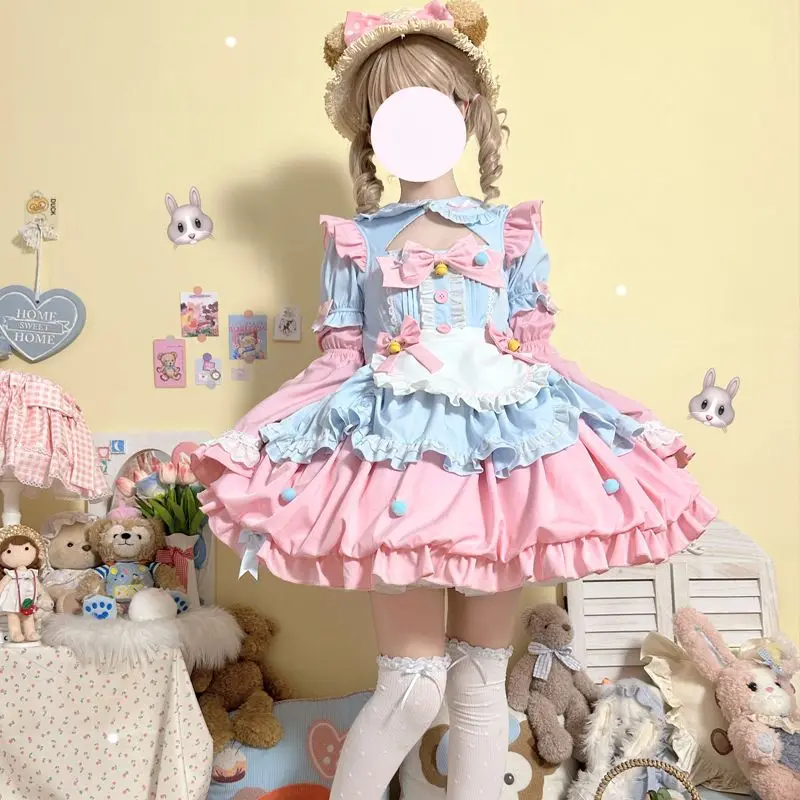 Kawaii urocza Lolita kokarda kostiumy pokojówka Cosplay kwiatowy pączek dziewczyna pokojówka strój dla kelnerki imprezowe kostiumy sceniczne