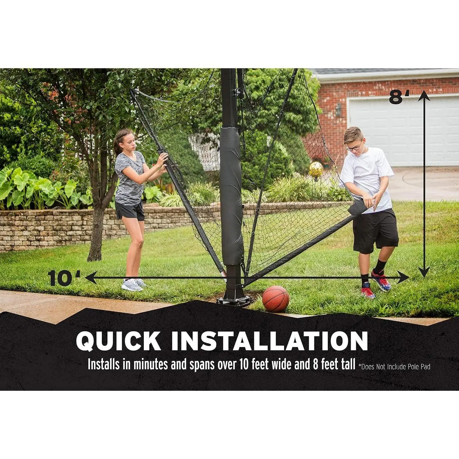 W-Basketball Yard Guard Defensive Net System Rebounder مع شبكة قابلة للطي وأذرع في القطب، أبيض/أسود
