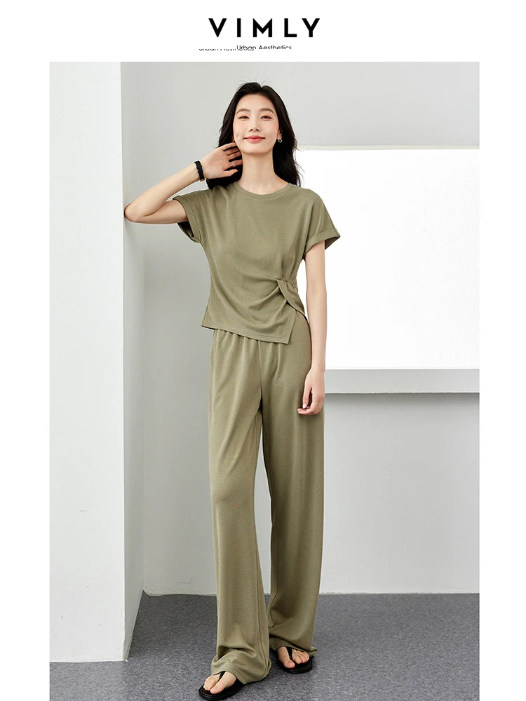 VIMLY Women Tracksuit Set Stylish Summer Tracksuit Set Solid Short Sleeve Slit Top+Elastic Waist Wide-Leg Pants Matching Sets