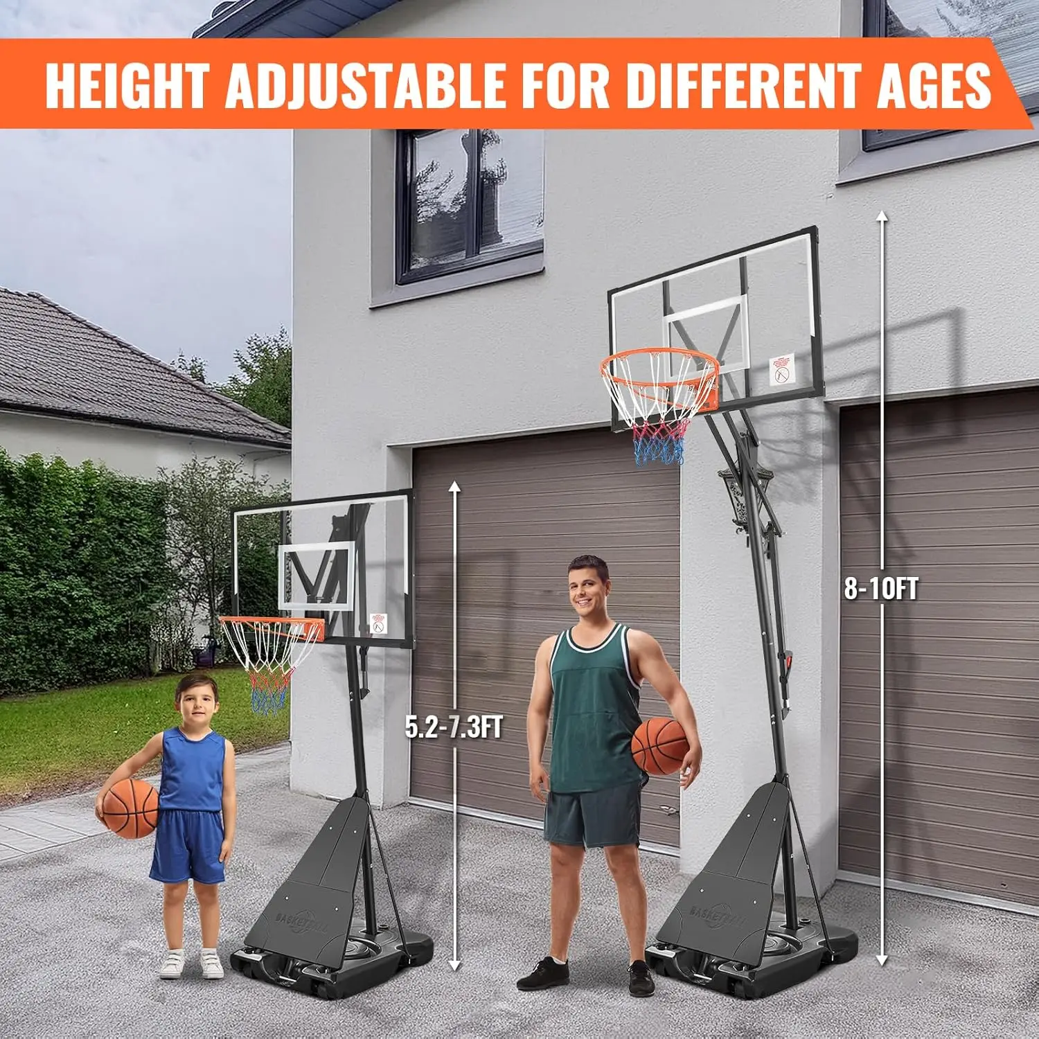 Basketball Hoop Outdoor, 5.2-10FT Height Adjustable Portable Basketball Hoops with 44 Inch Shatterproof Backboard