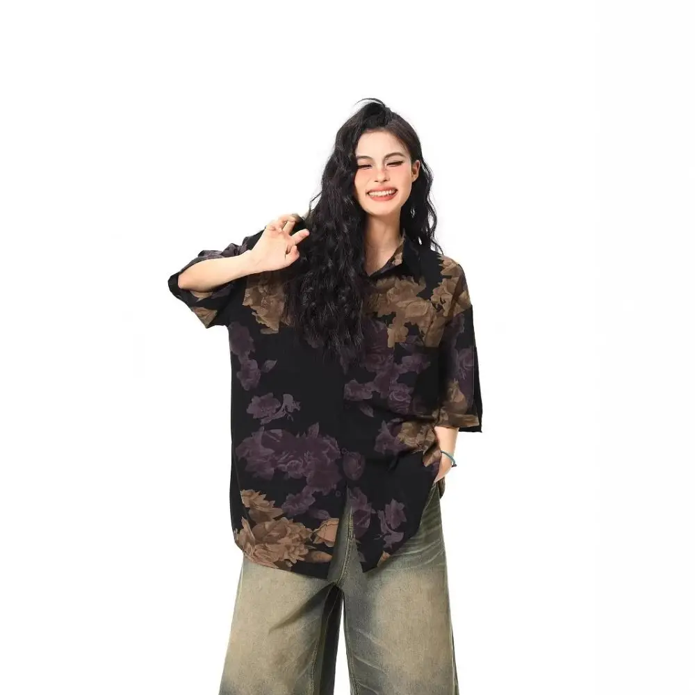 Camicie da spiaggia larghe alla moda da uomo con risvolto abbottonato da donna camicetta a fiori con scollo a V Y2K camicie a maniche corte per le vacanze