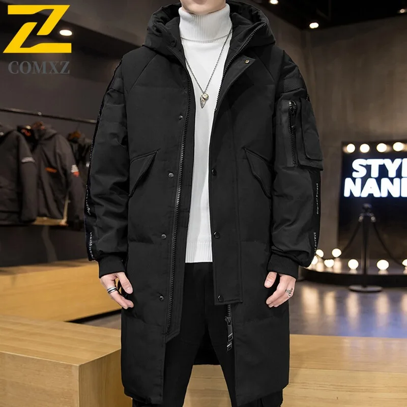 COMXZ 2025 Mens Winter Thickened Long Fleece Puffer Jacket Waterproof Windproof Casual Sport Hooded Coat Lightweight Windbreaker