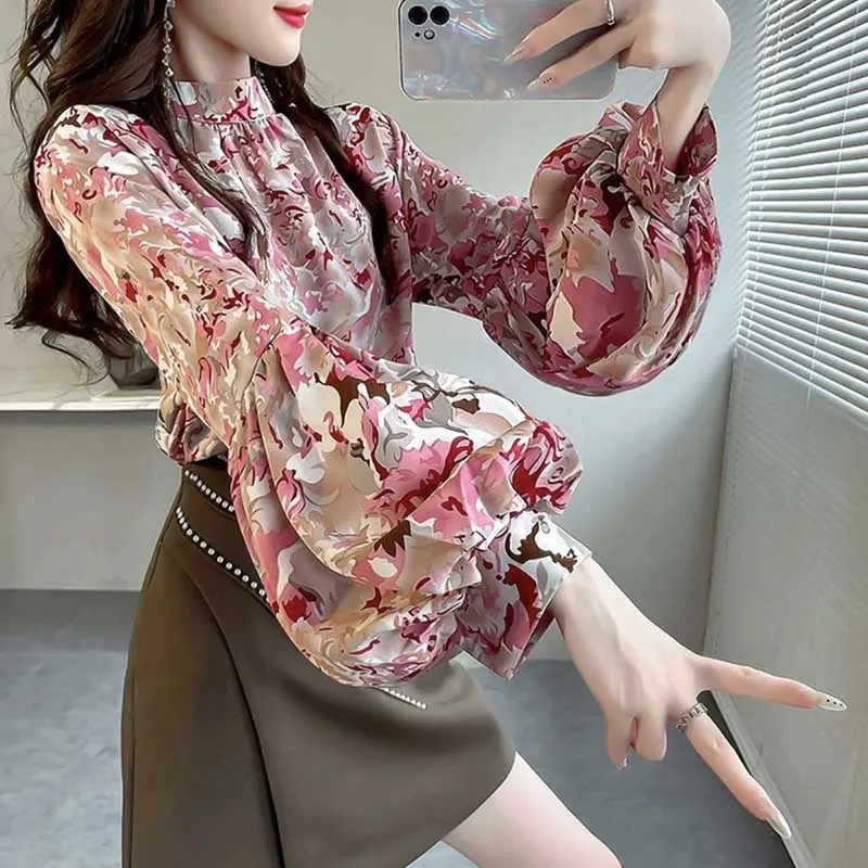 Vintage Printing Folds Floral Lantern Sleeve Blouses Women Clothing 2024 Spring Summer New Loose Korean Tops Office Lady Shirts