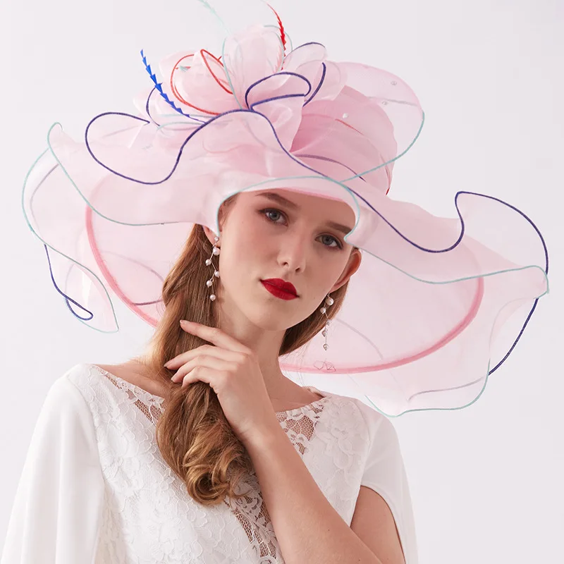 Moda duża kokarda kapelusz z szerokim rondem damskie kapelusze na ślub sukienka kościelna Organza Fedora składany kapelusz damski kapelusze przeciwsłoneczne