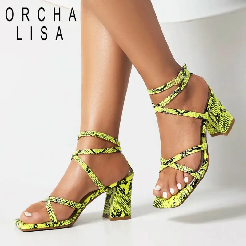 

ORCHA LISA Brand Women Sandals Square Toe Block High Heels 8cm Crossover Ankle Strap Plus Size 45 46 Concise Daily Female Shoes